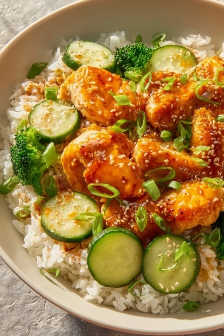 Delicious hot honey chicken and rice bowl topped with fresh vegetables.