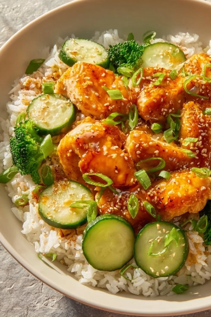 Delicious hot honey chicken and rice bowl topped with fresh vegetables.