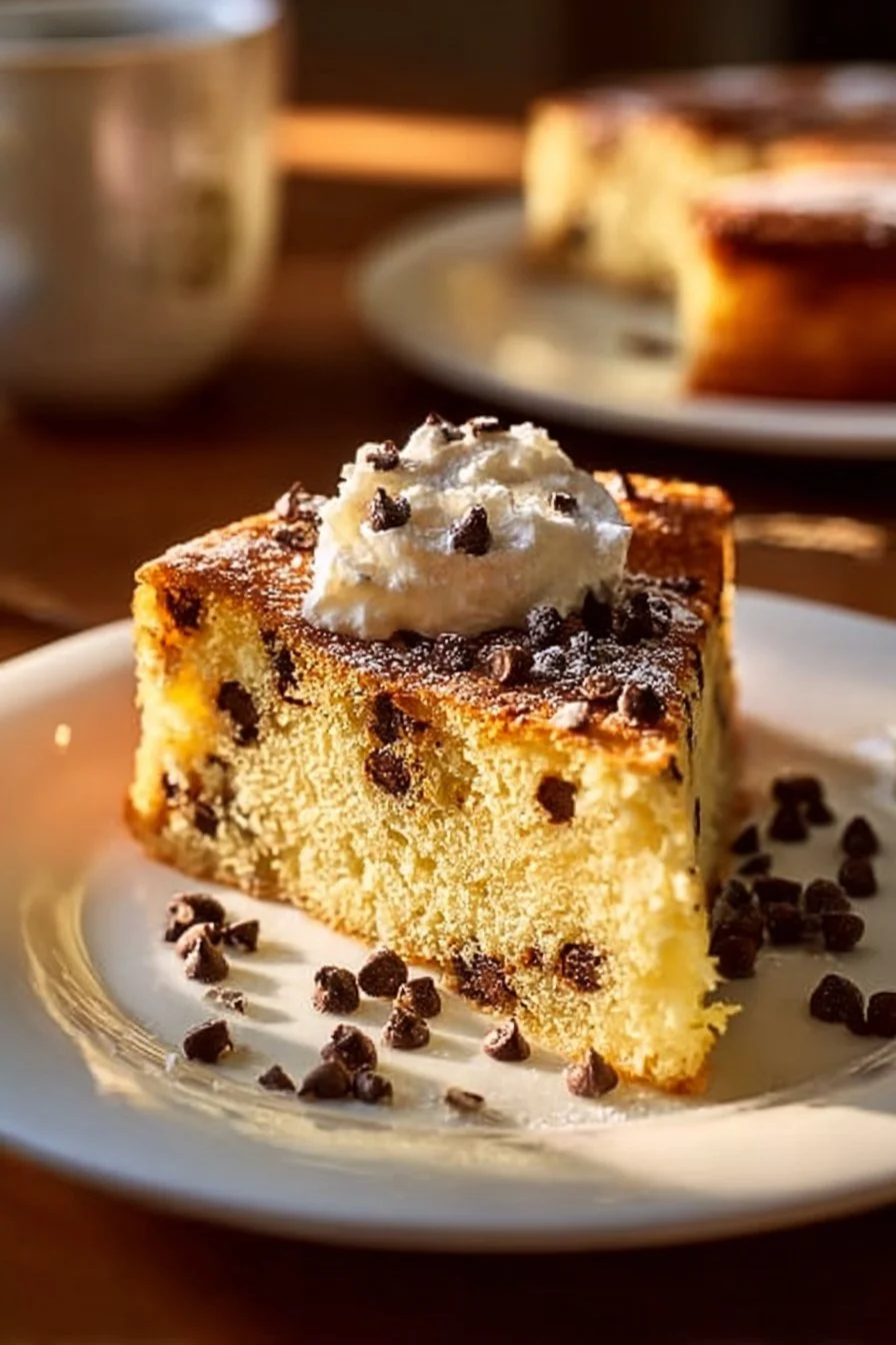 Italian Chocolate Chip Ricotta Cake decorated with chocolate chips and served on a plate