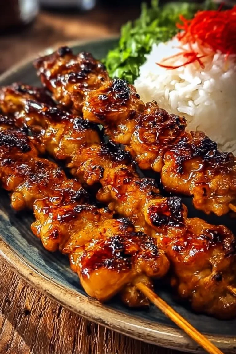 Grilled Chicken Yakitori skewers with savory glaze on a white plate.