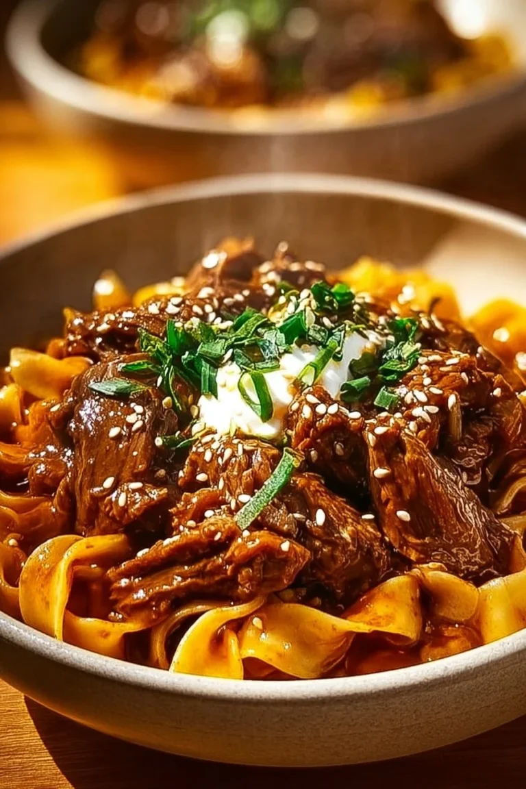 Delicious serving of Korean Beef Noodles with tender beef and savory broth