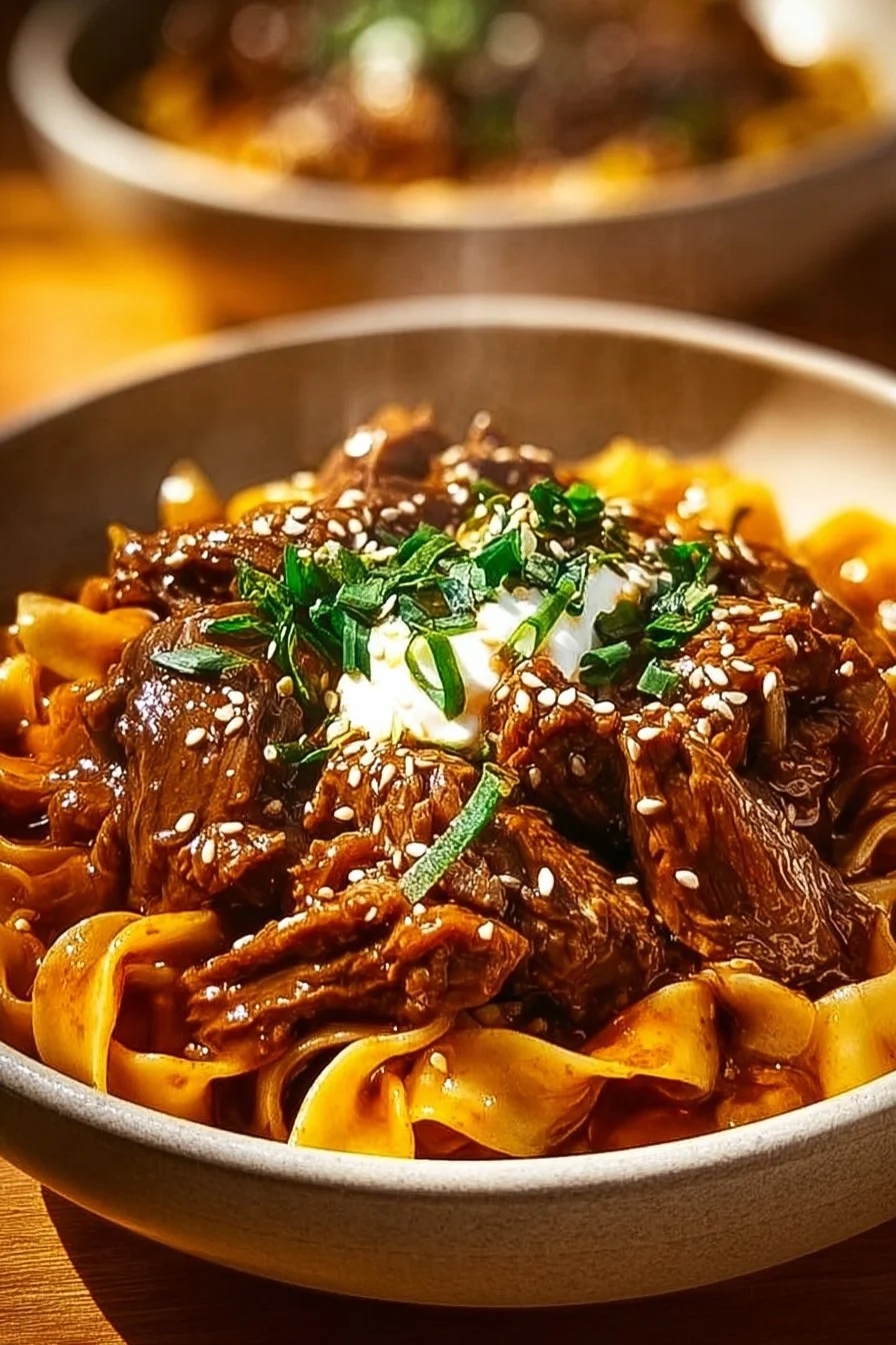 Delicious serving of Korean Beef Noodles with tender beef and savory broth
