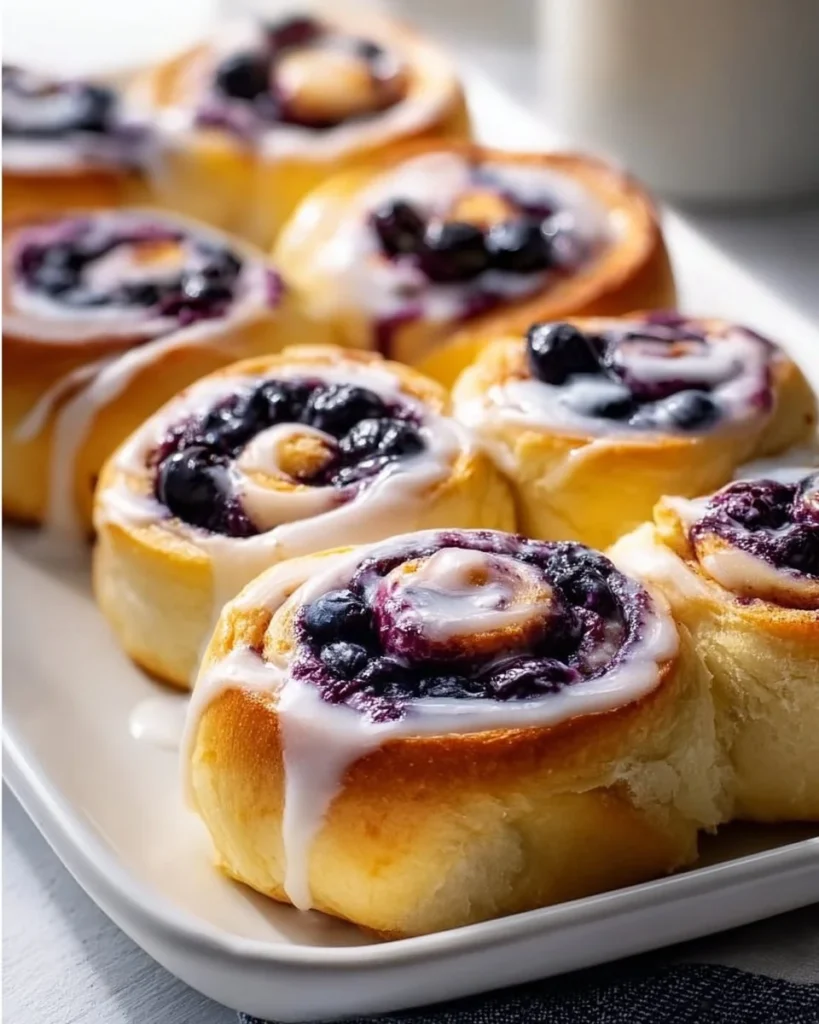 Fresh lemon blueberry rolls topped with glaze