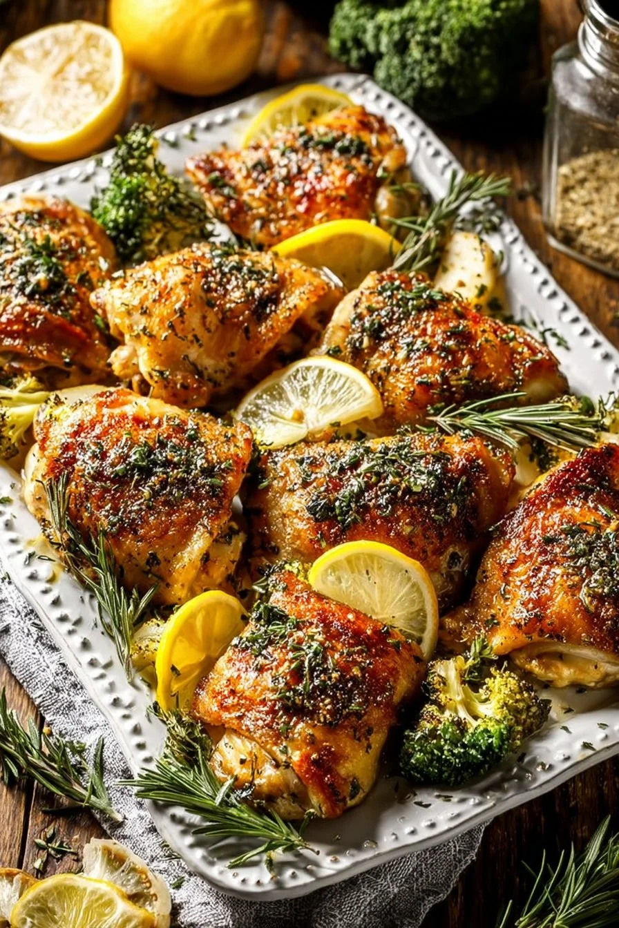 Delicious Lemon Garlic Chicken served with herbs on a plate