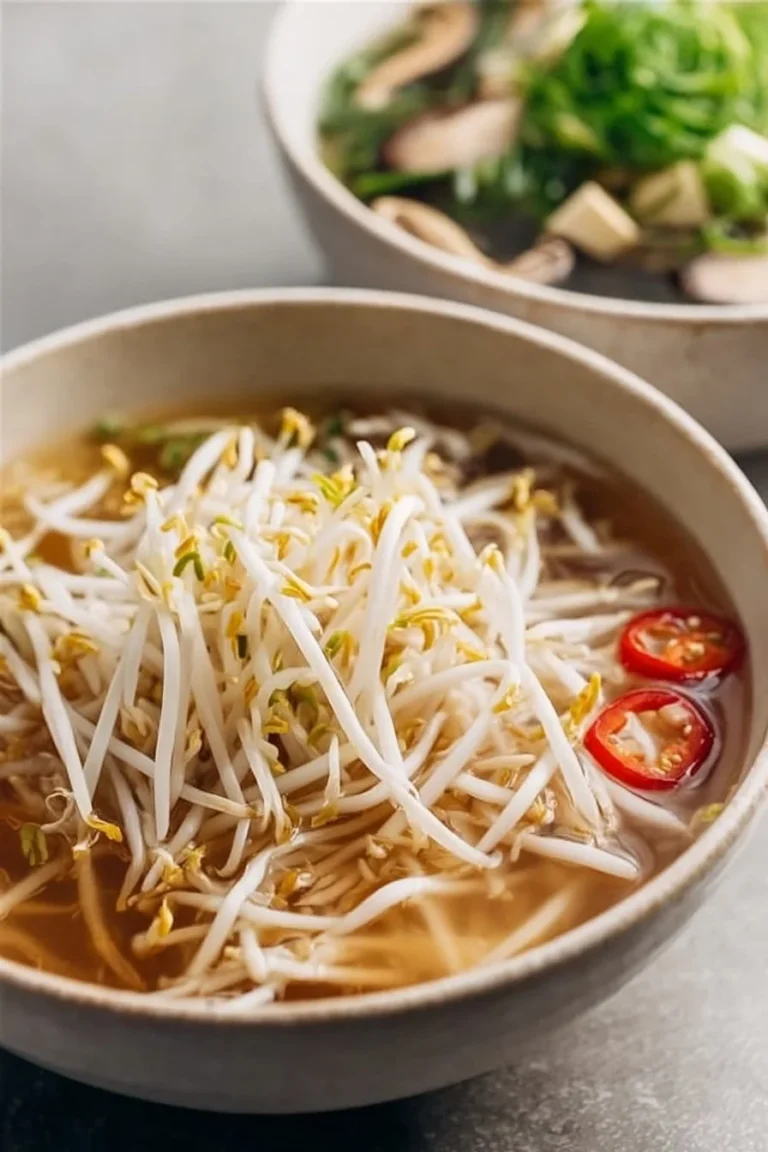 Bowl of low calorie bean sprouts soup with fresh herbs and spices