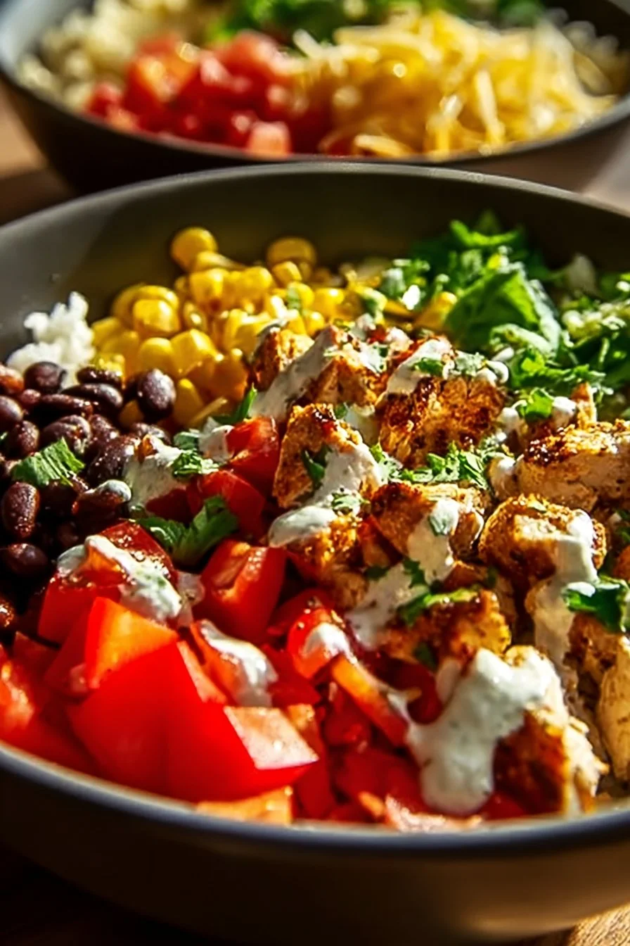 Low-calorie chicken burrito bowl with fresh ingredients and vibrant colors