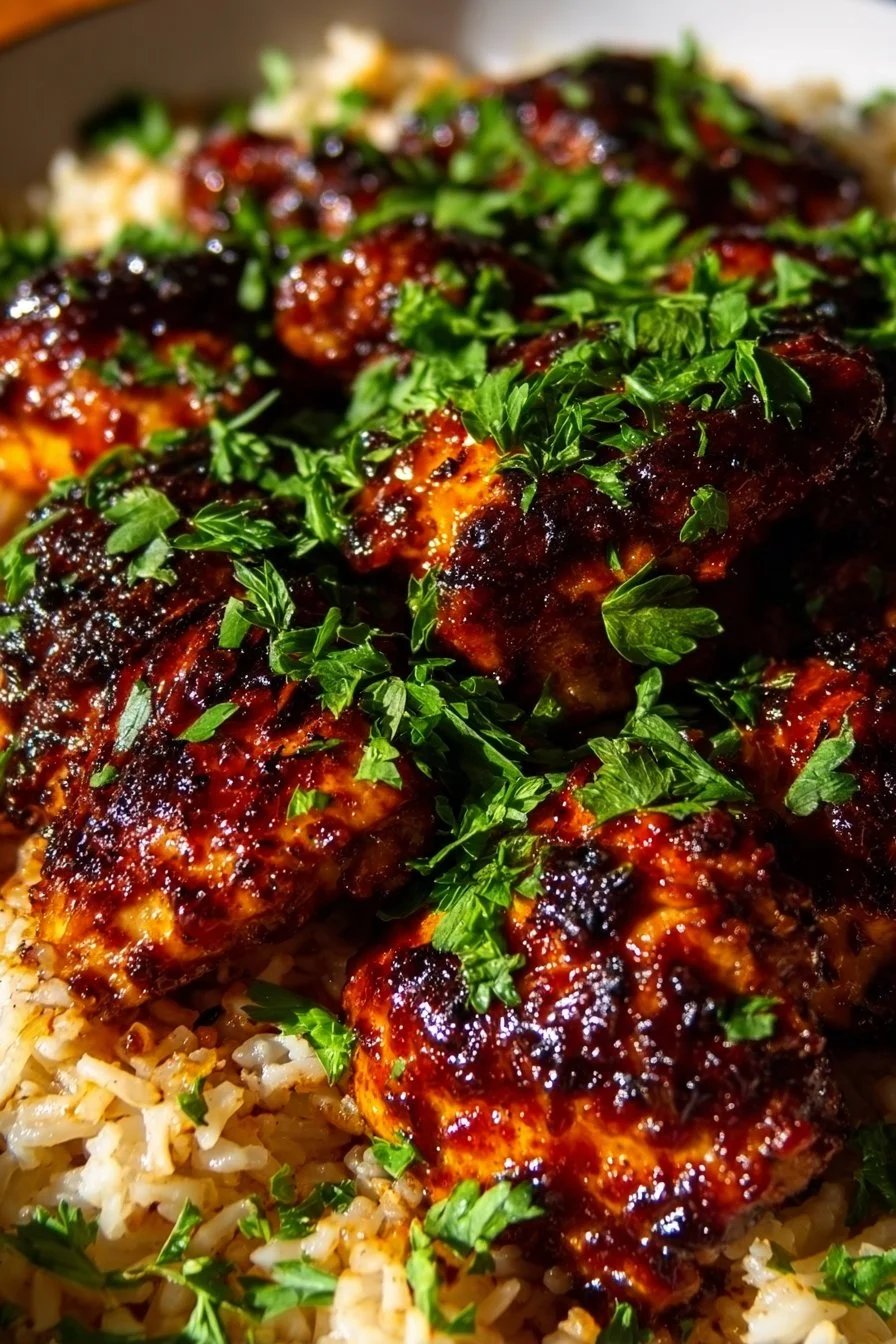 One-Pan Honey BBQ Chicken Rice recipe with juicy chicken and rice