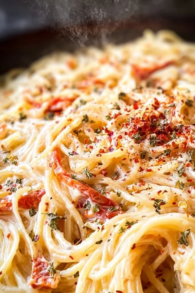 One Pan Sun-Dried Tomato Pasta with fresh ingredients in a skillet