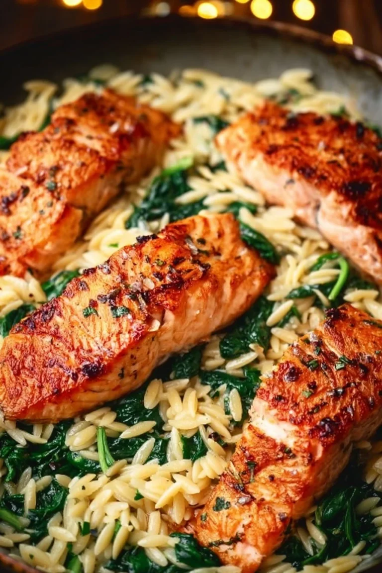 Delicious skillet salmon served with lemon orzo on a white plate