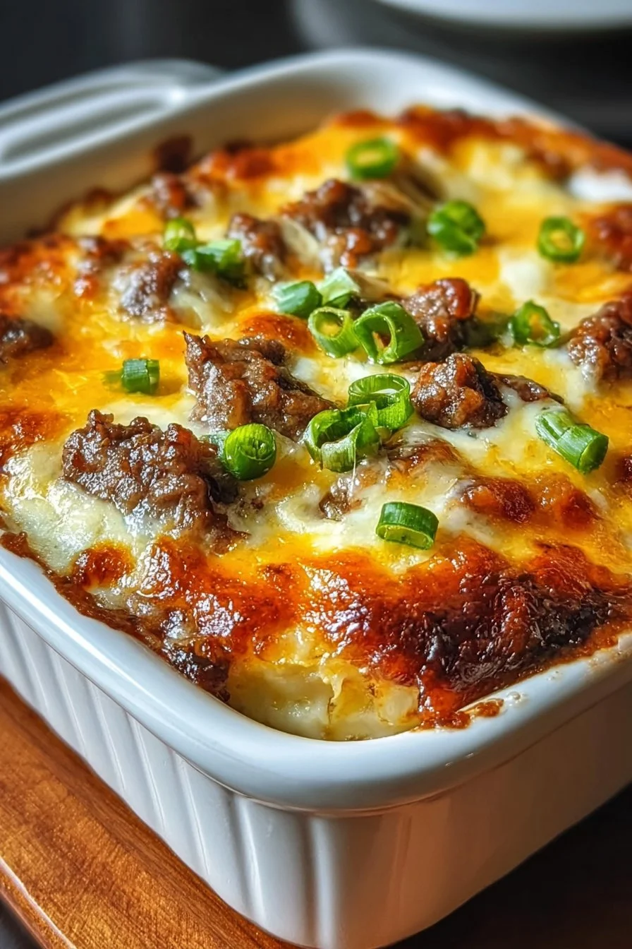 Delicious Philly cheesesteak casserole served in a baking dish.