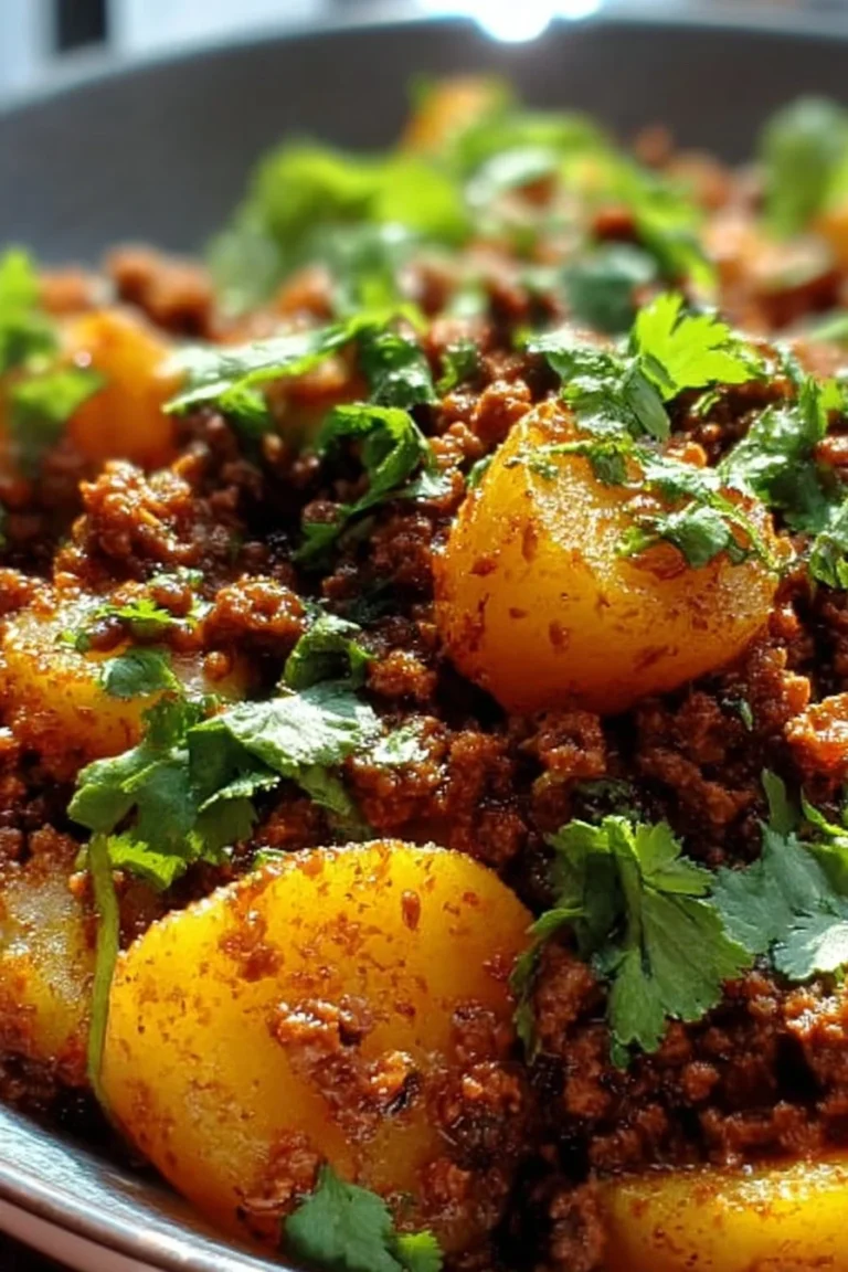 Delicious potato mince dish served on a plate with herbs and spices.