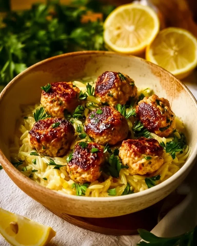 Plate of quick Greek chicken meatballs with lemon orzo