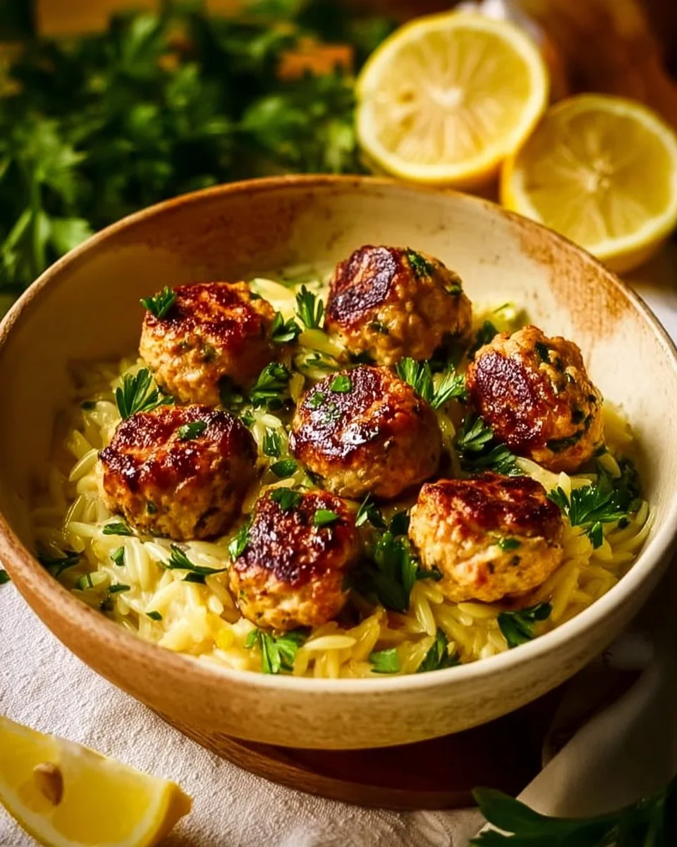 Plate of quick Greek chicken meatballs with lemon orzo