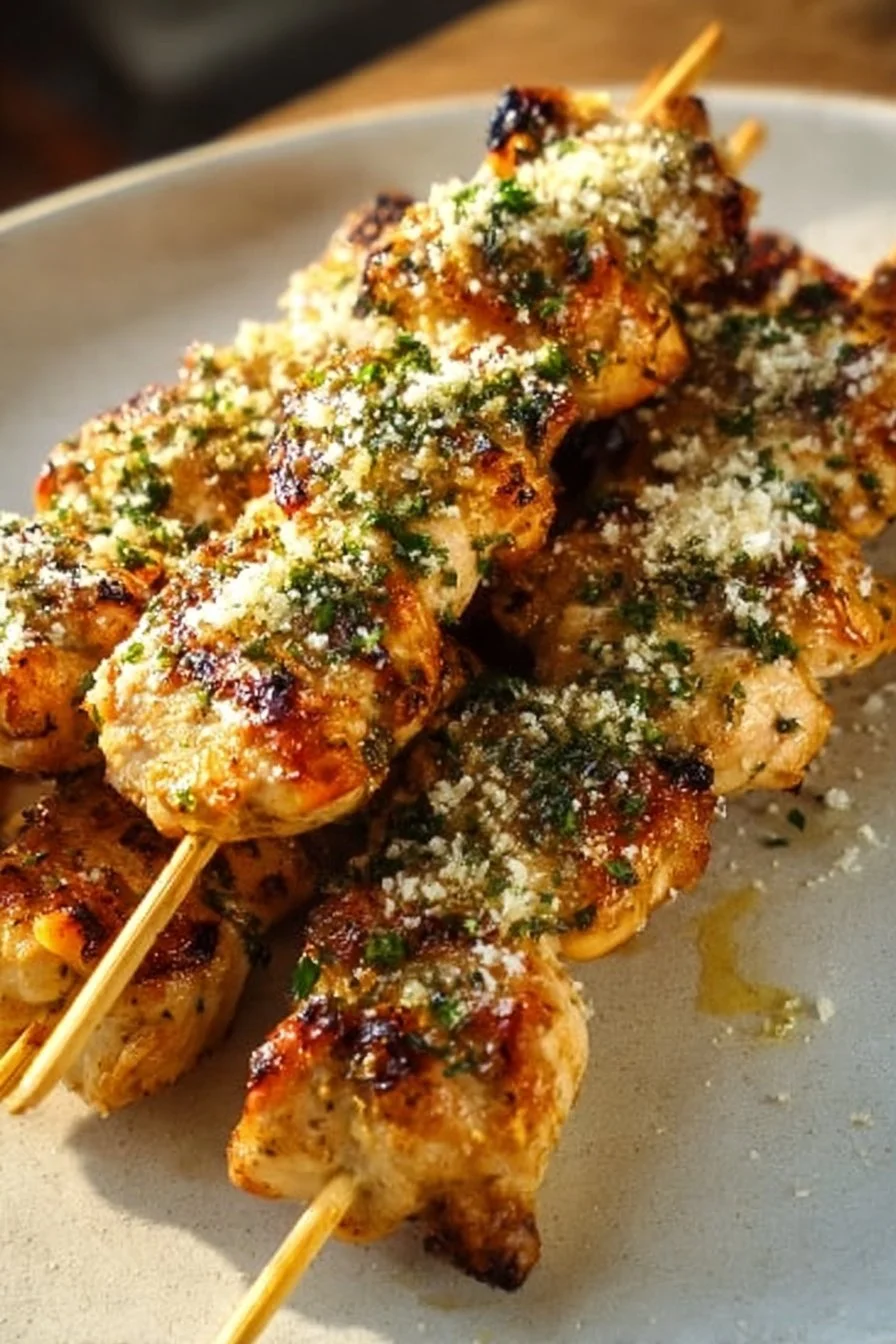 Ranch Garlic Parmesan Chicken Skewers ready for grilling
