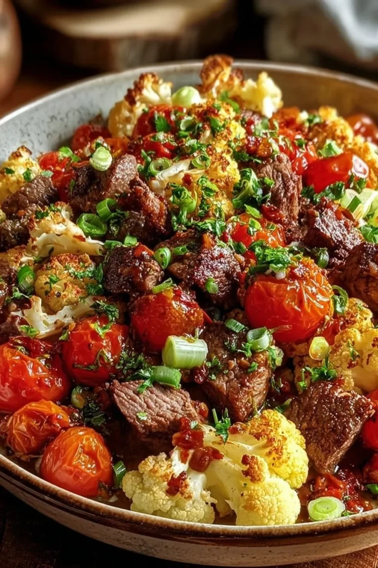 Roasted Cauliflower Beef Bowl served in a vibrant dish with fresh ingredients.