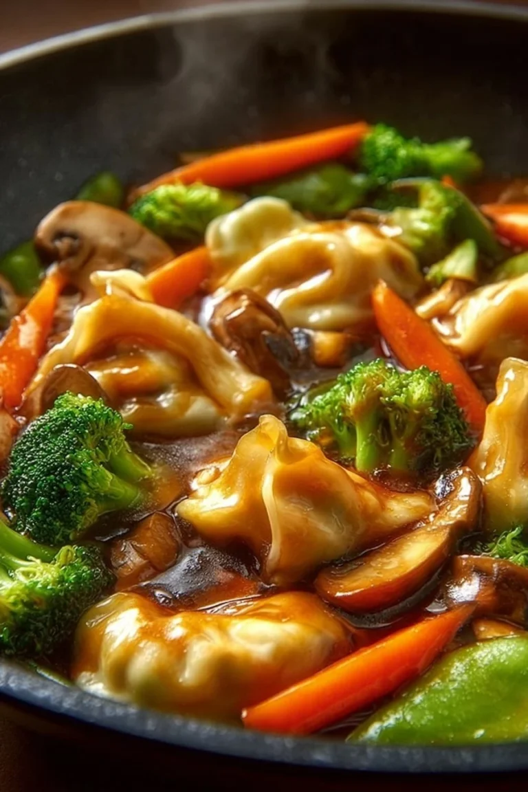 Delicious potsticker stir fry served in a bowl with colorful vegetables