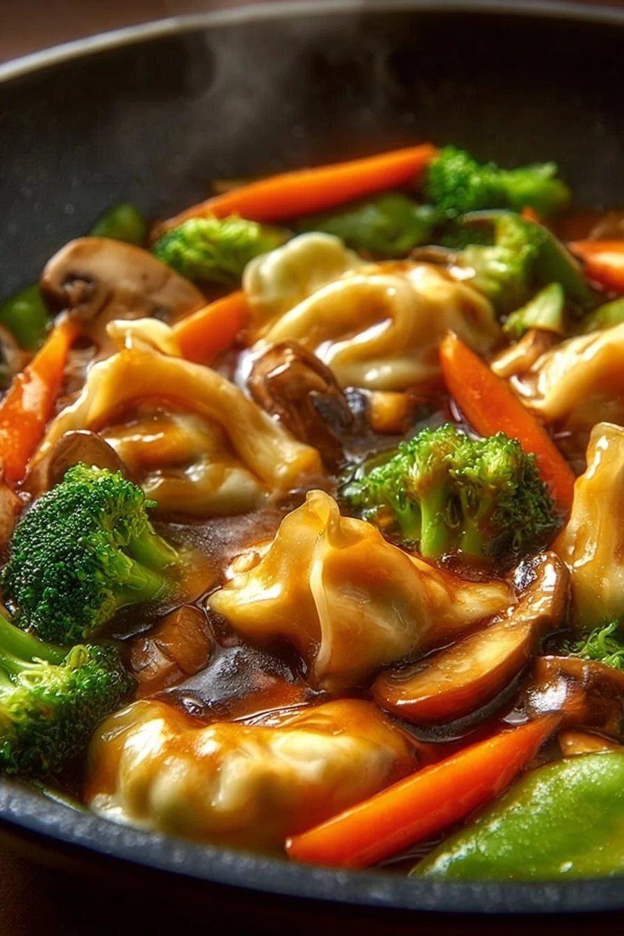 Delicious potsticker stir fry served in a bowl with colorful vegetables