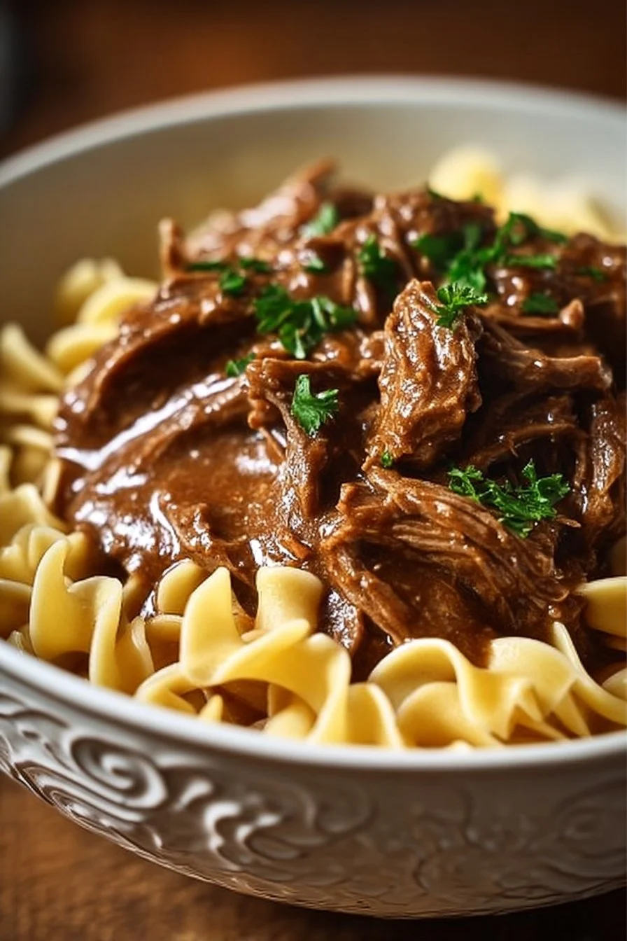 Delicious slow cooker beef and noodles recipe served in a bowl