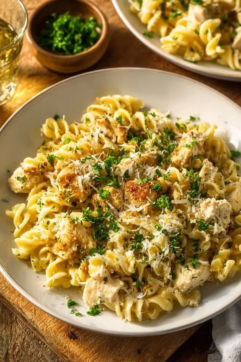 Slow Cooker Garlic Parmesan Chicken Pasta with creamy sauce and herbs.