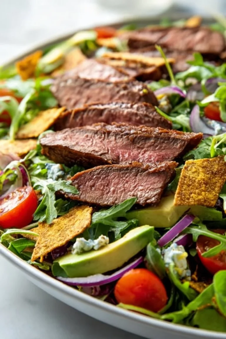 Delicious Southwest Flank Steak Salad topped with fresh vegetables and zesty dressing