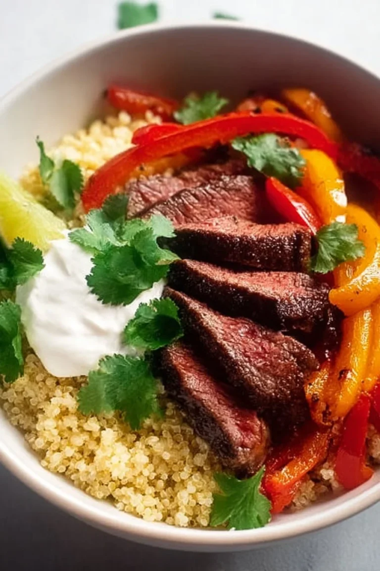 Delicious steak fajita bowls with colorful vegetables and toppings