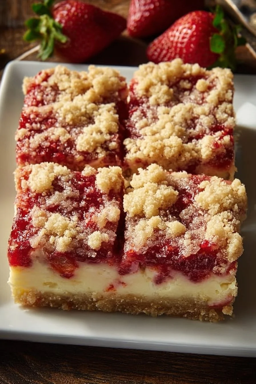 Delicious homemade strawberry cheesecake bars on a plate