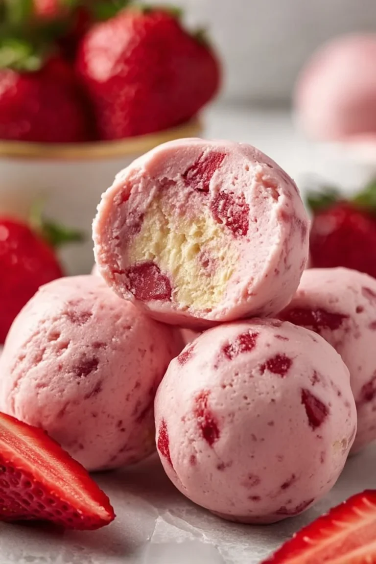 Delicious Strawberry Cheesecake Protein Balls ready to enjoy as a healthy snack.