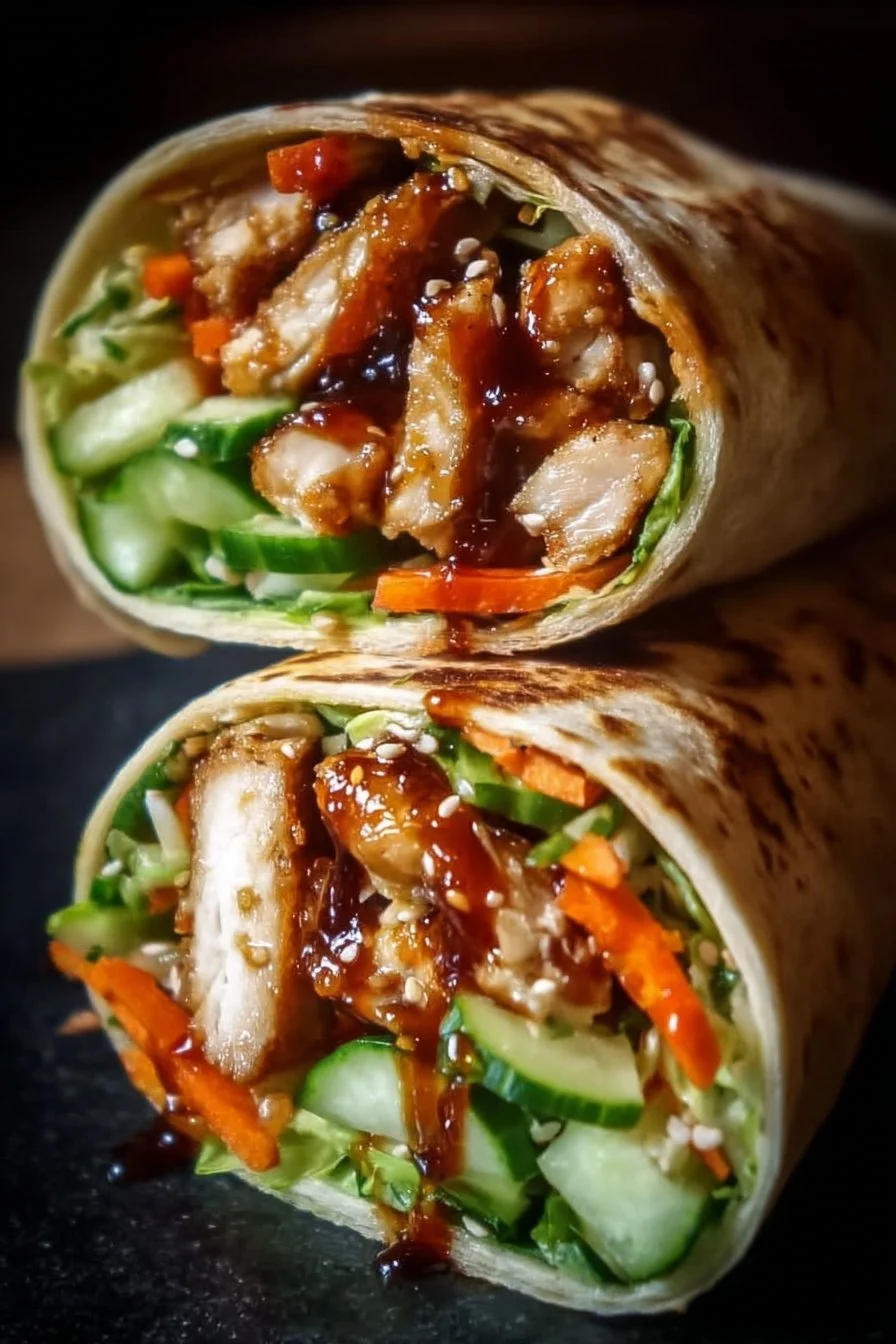 Delicious teriyaki chicken wraps filled with fresh vegetables and savory sauce