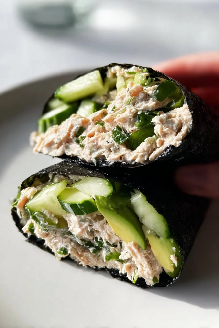 Tuna salad nori wraps filled with fresh vegetables and creamy tuna mixture