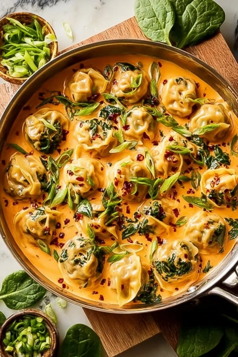 Delicious one-pan dumpling bake fresh out of the oven, ready to serve.