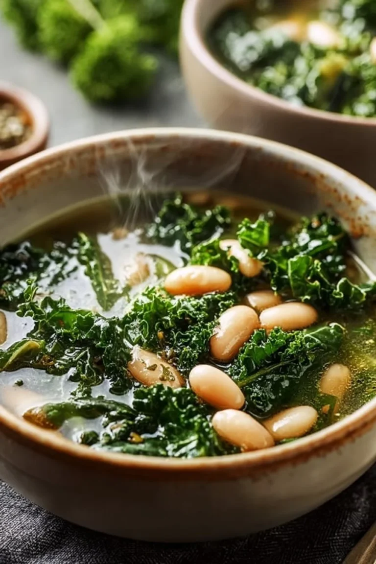 Bowl of White Bean and Kale Soup garnished with fresh herbs.