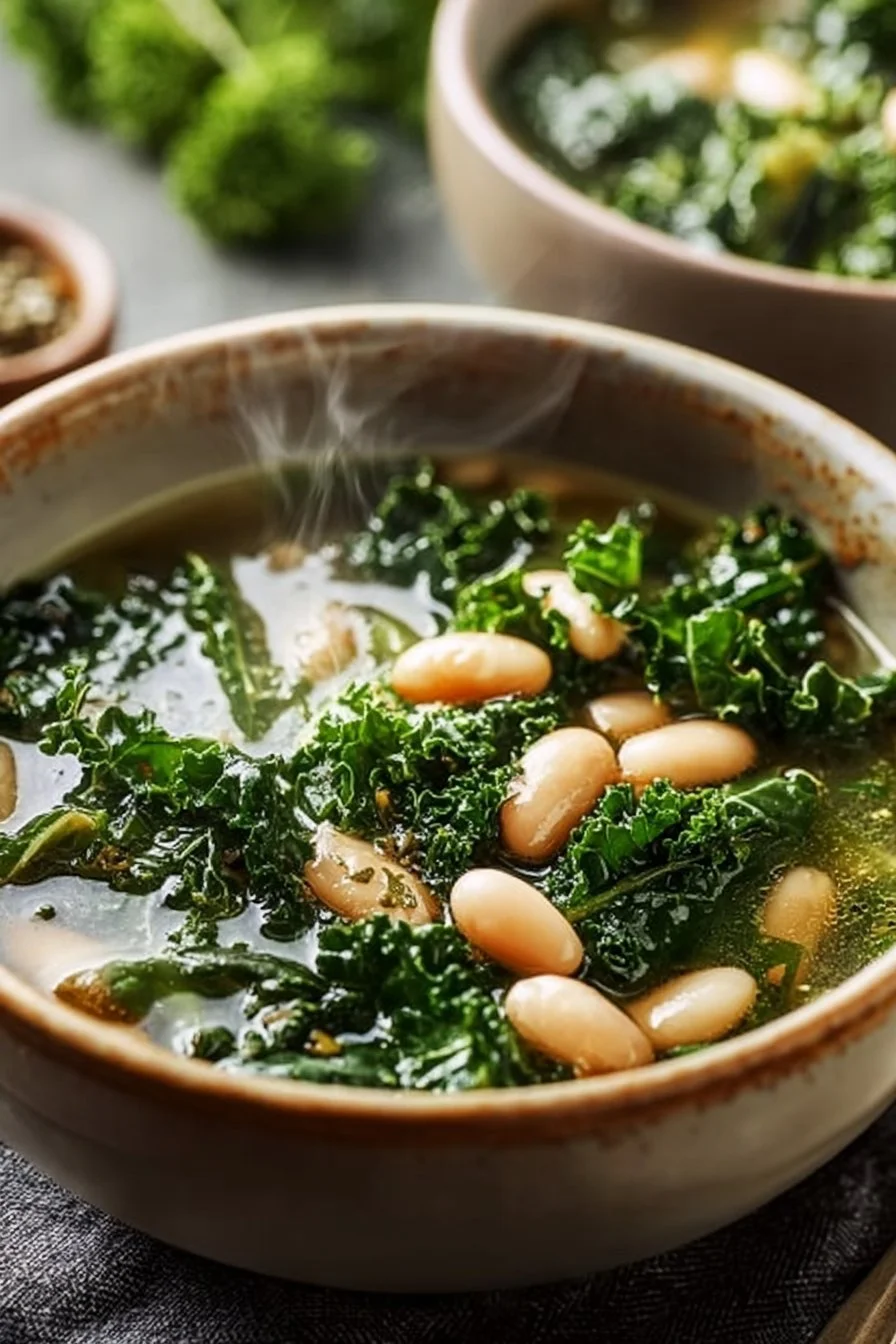 Bowl of White Bean and Kale Soup garnished with fresh herbs.