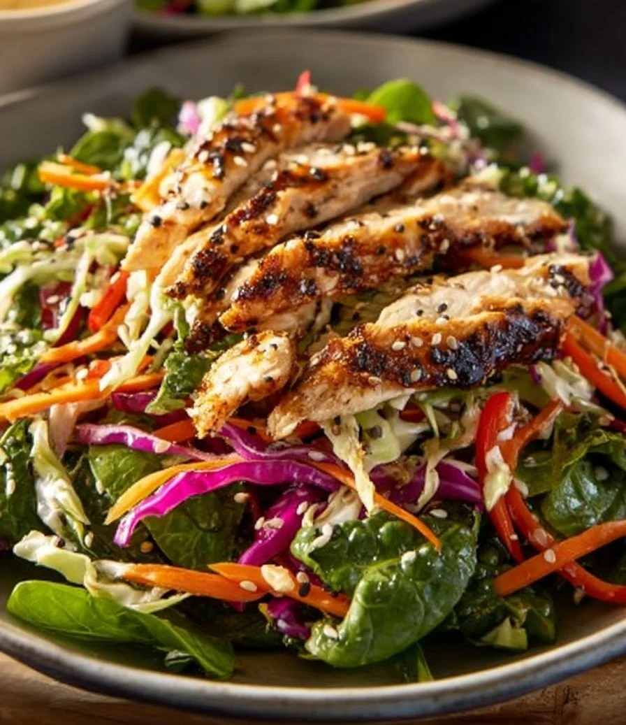 Delicious Asian Sesame Chicken Salad with fresh vegetables and sesame dressing.