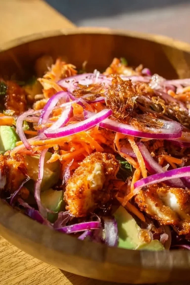 Bang Bang Chicken Crispy Rice Salad with vibrant ingredients and crispy rice.