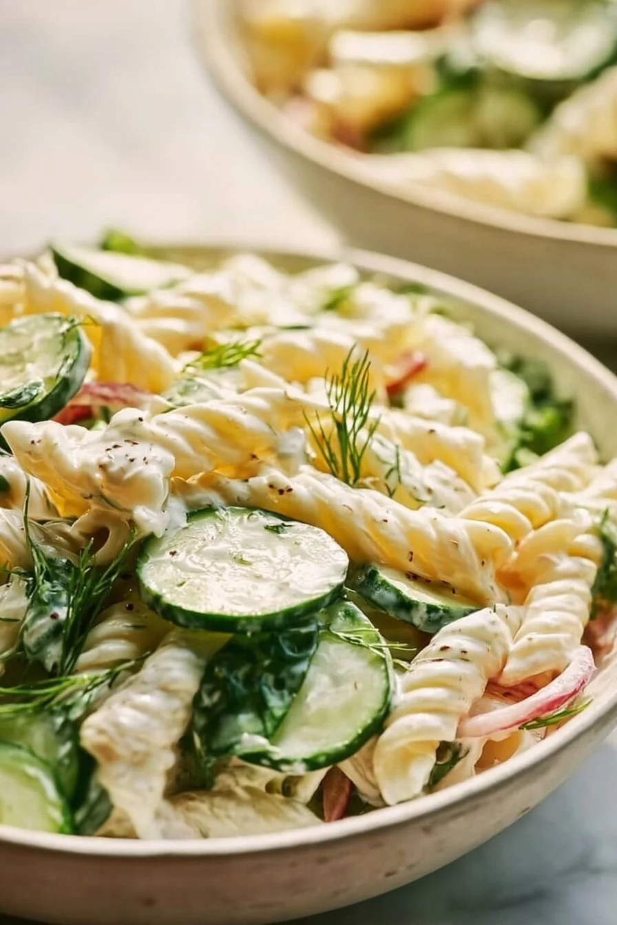 Delicious cucumber pasta salad with fresh ingredients served in a bowl