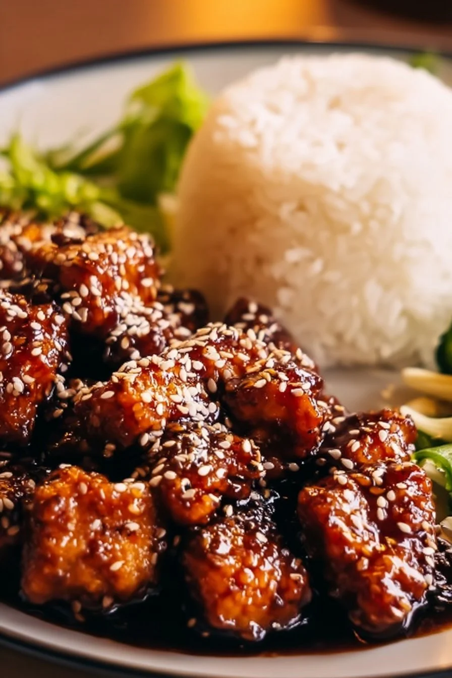 Delicious high protein sesame chicken garnished with sesame seeds and green onions.