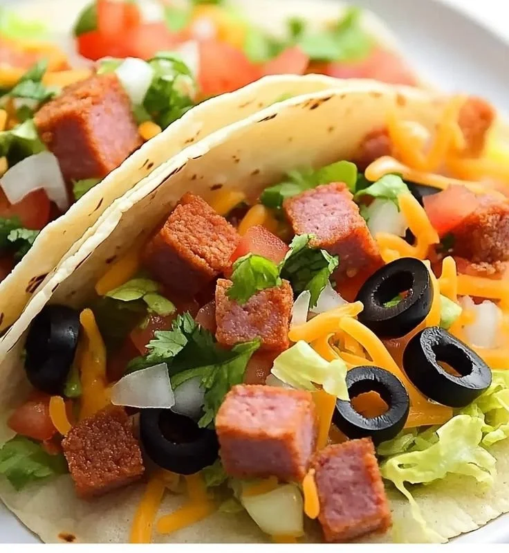 Delicious spam tacos served with fresh toppings and salsa