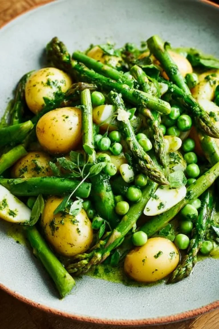 A fresh British spring salad featuring seasonal vegetables and vibrant colors.