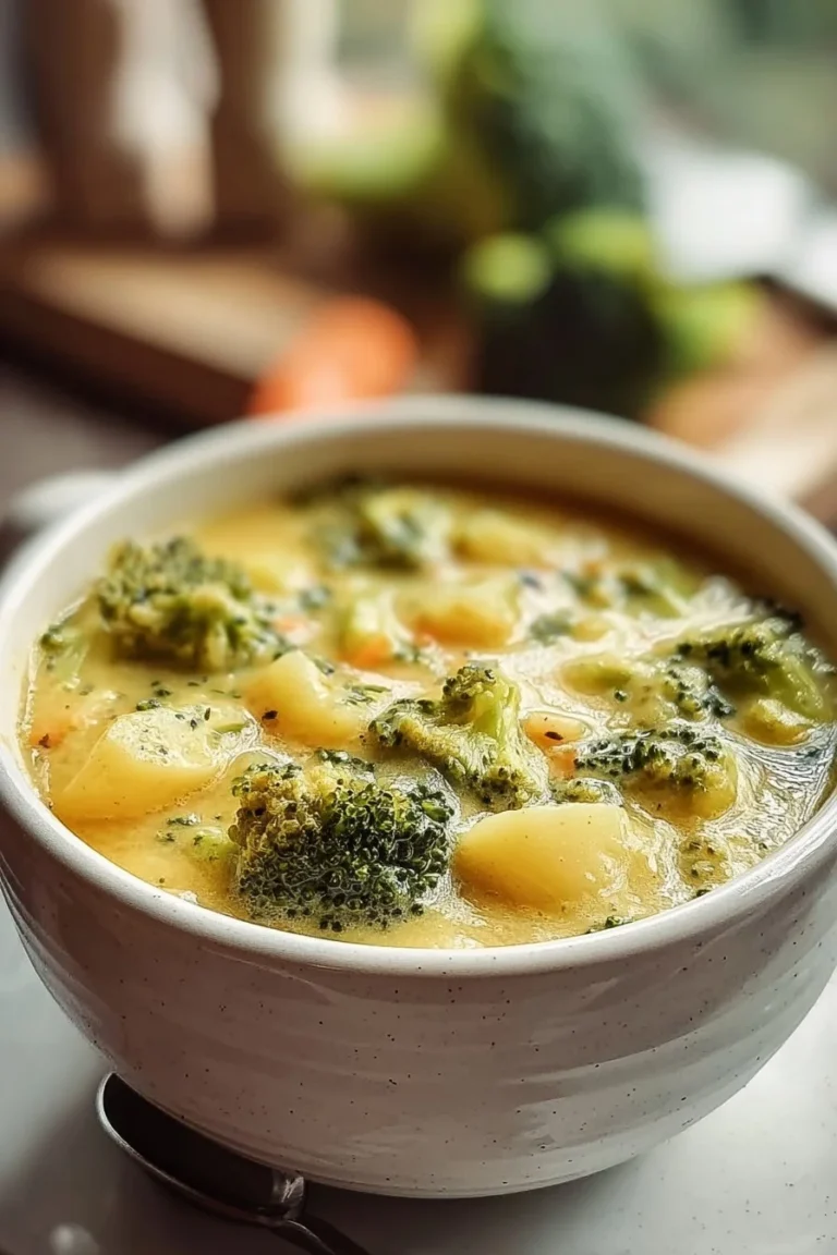 Bowl of creamy Broccoli Potato Cheese Soup garnished with fresh parsley