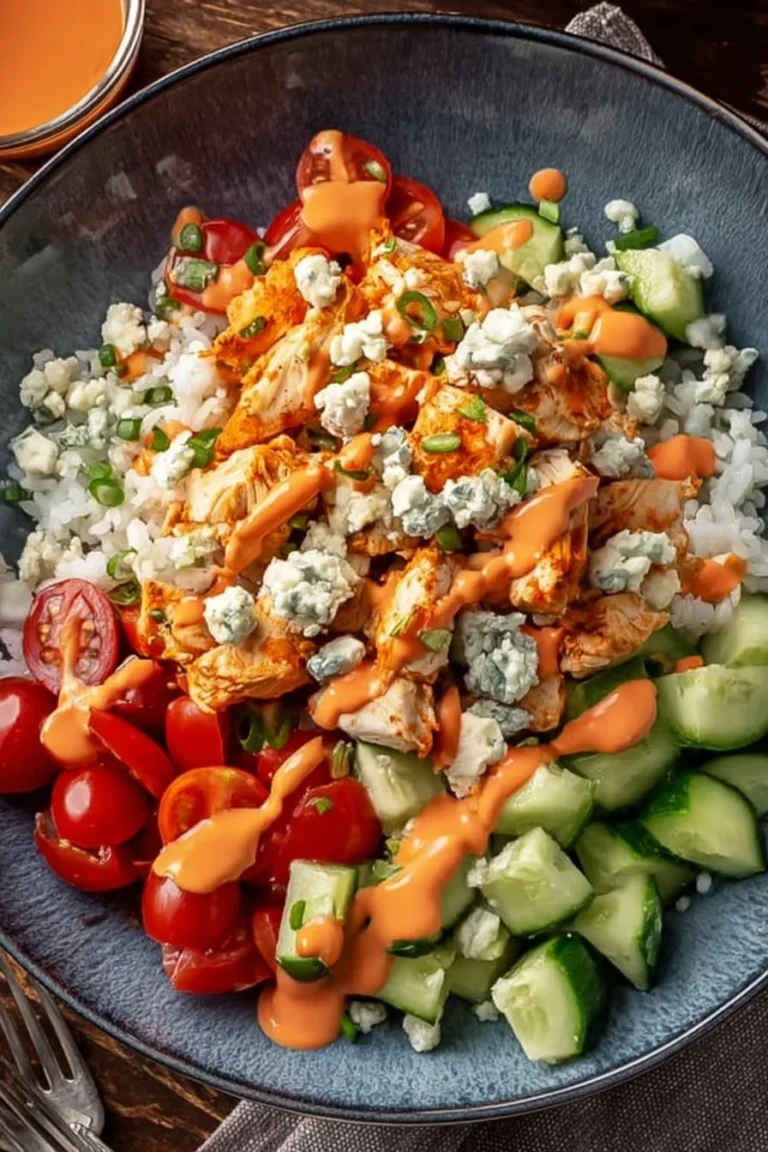 Tasty Buffalo Chicken Bowl with creamy ranch, vegetables, and spicy chicken.