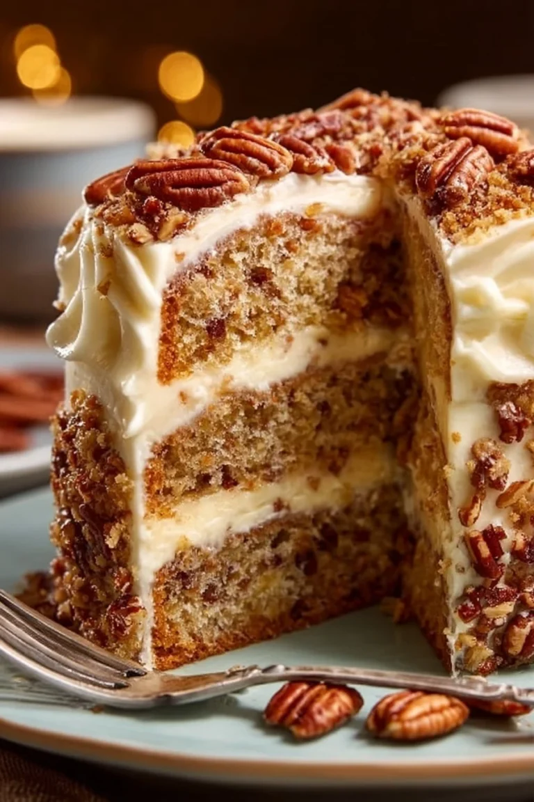 Delicious Butter Pecan Cake topped with crushed pecans and creamy frosting
