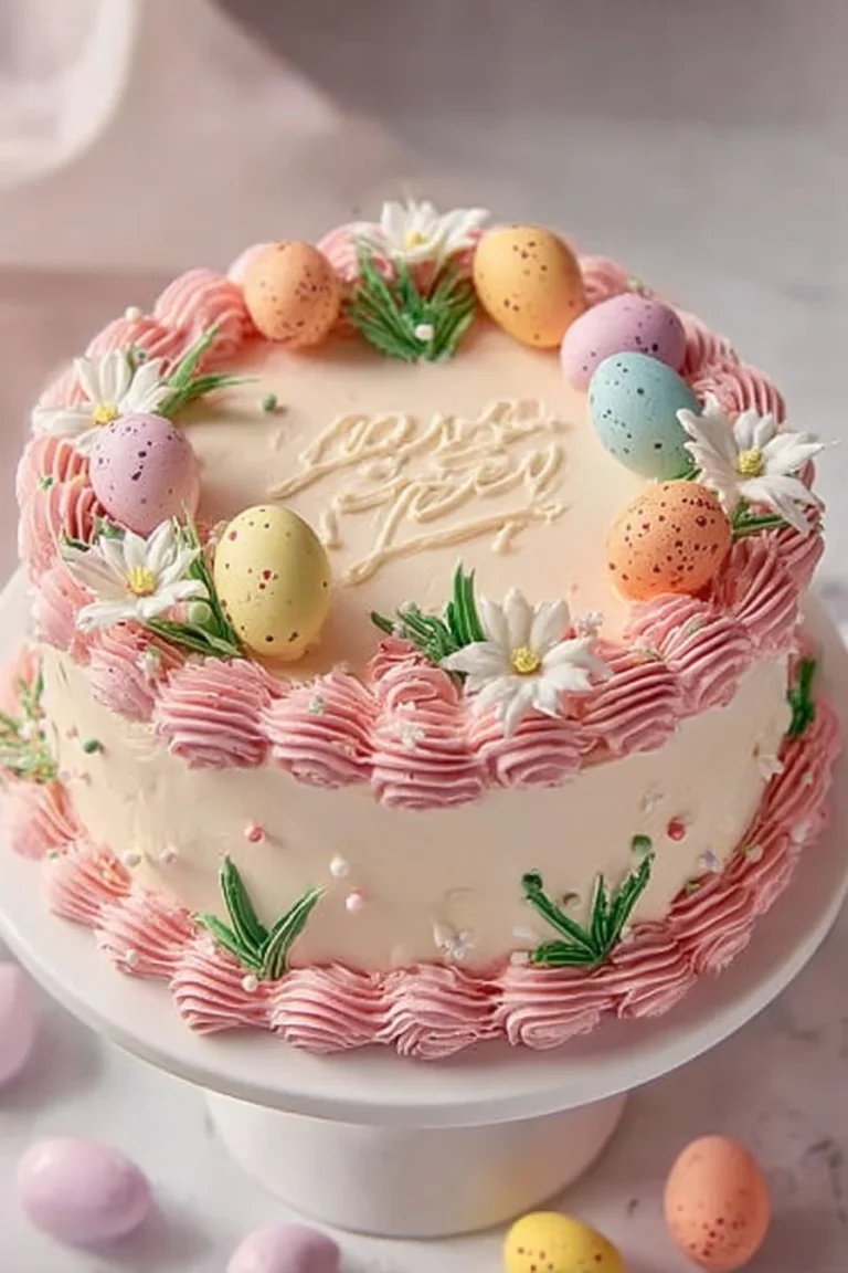Delicious buttercream Easter cake adorned with colorful decorations for spring celebrations.