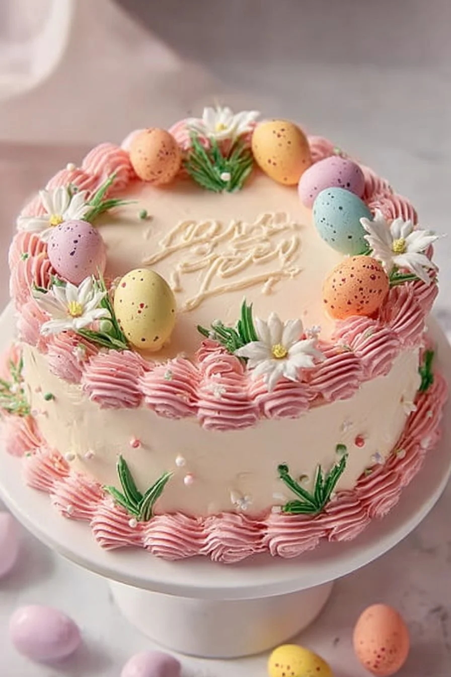 Delicious buttercream Easter cake adorned with colorful decorations for spring celebrations.