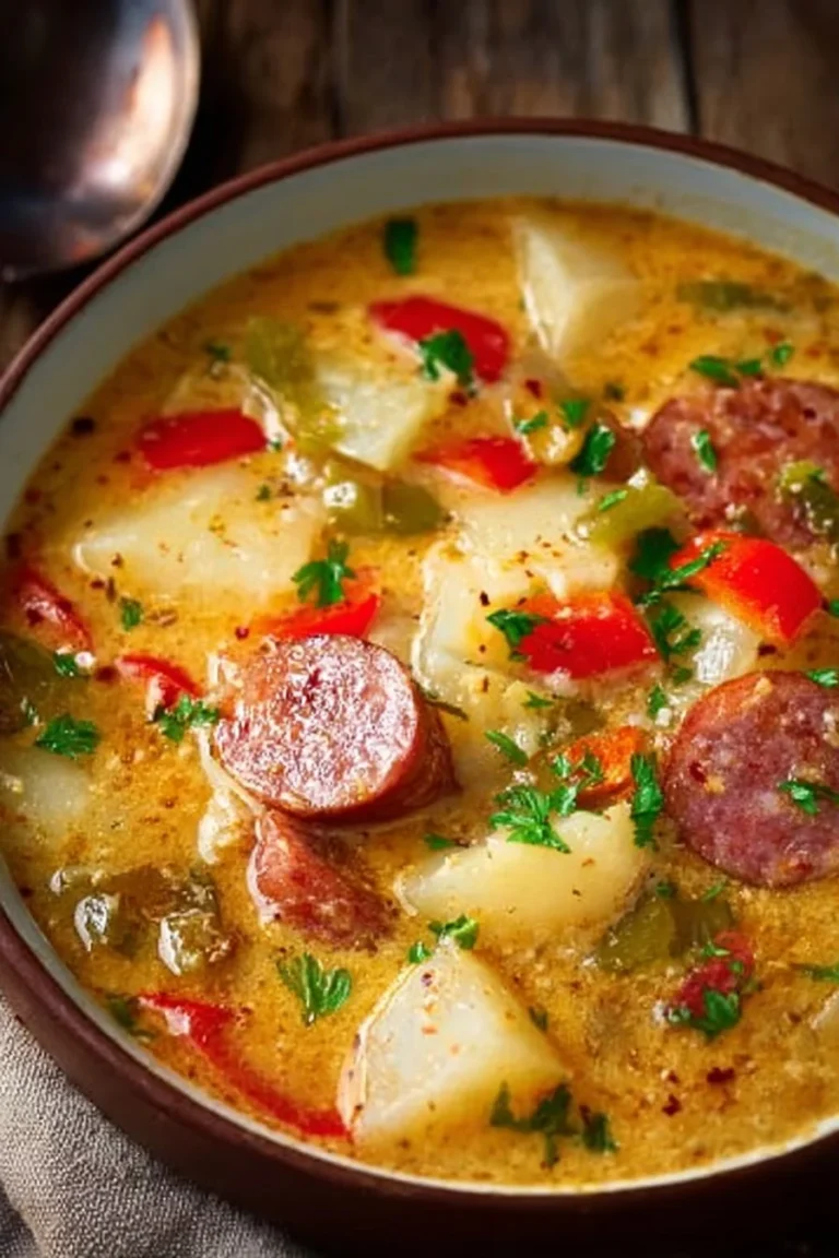 Bowl of Cajun Potato Soup with spices and potatoes garnished with green onions