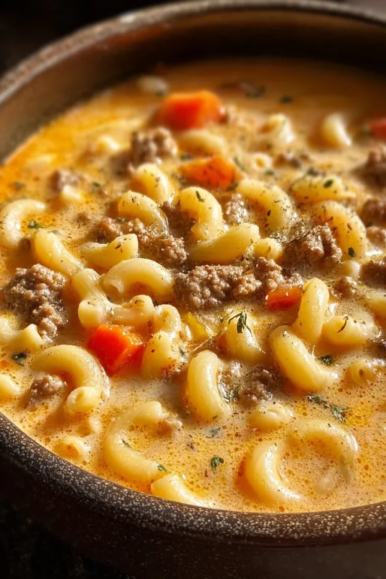 Delicious Cheeseburger Macaroni Soup served in a bowl, showcasing creamy noodles and beef.