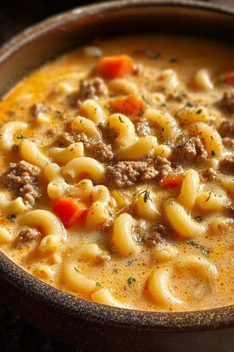 Delicious Cheeseburger Macaroni Soup served in a bowl, showcasing creamy noodles and beef.