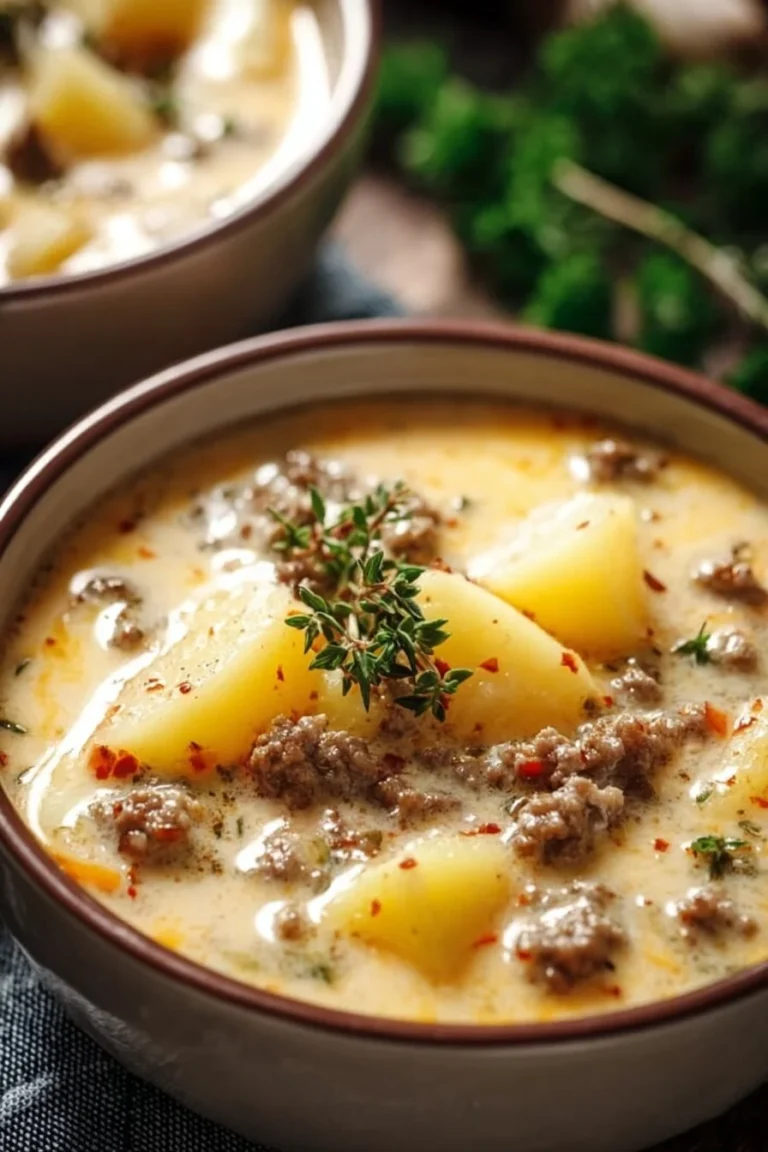 Delicious cheesy hamburger potato soup in a bowl with fresh herbs