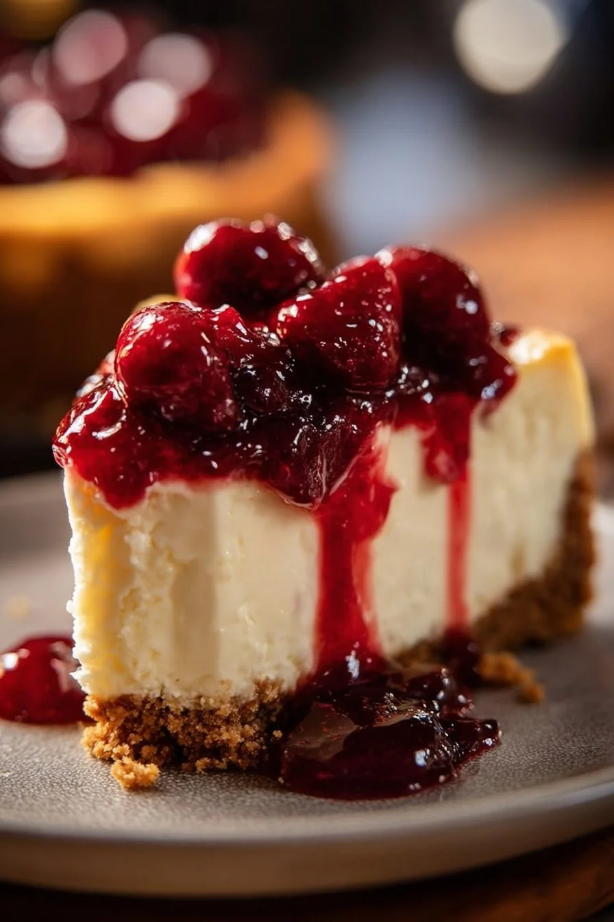 Delicious homemade Cherry Cheesecake slice with fresh cherry topping