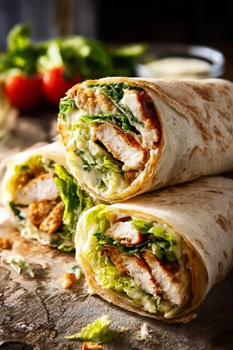 Delicious Chicken Caesar Wrap with grilled chicken and romaine lettuce
