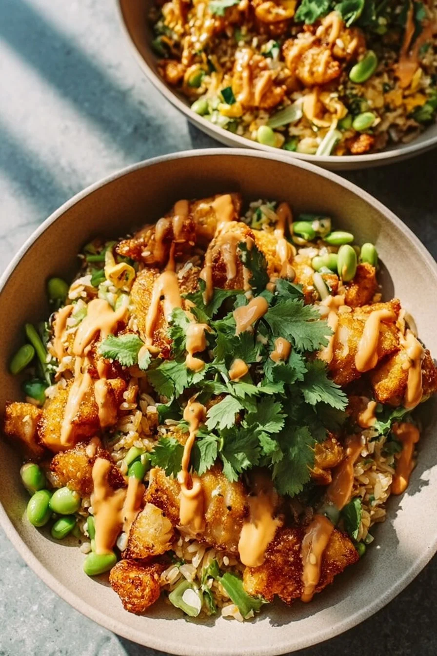 Chopped Chicken Crispy Rice Salad topped with peanut dressing and fresh vegetables